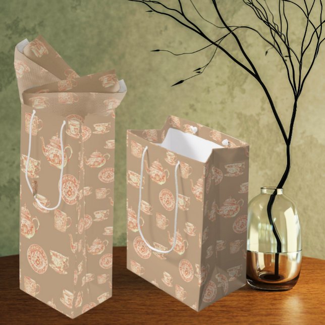  Peach White Ecru Chinoiserie Teapots Cups Medium Gift Bag (Peach chinoiserie dishes on ecru background)