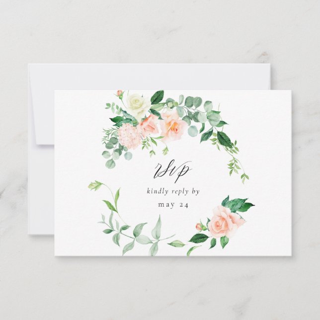 Peach & White Floral w Meal RSVP V3 3 Card (Front)