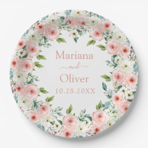 Peach White Floral Wedding Paper Plate
