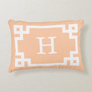 Peach White Greek Key Frame #2 Initial Monogram Accent Pillow