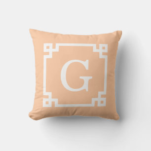 Peach White Greek Key Frame #2 Initial Monogram Throw Pillow