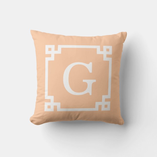 Peach White Greek Key Frame #2 Initial Monogram Throw Pillow (Front)