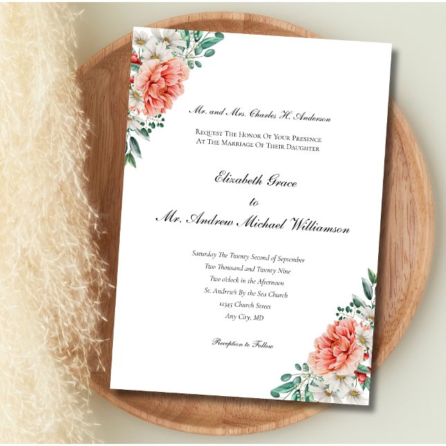 Peach White Greenery Floral Elegant Formal Wedding Invitation (Peach White Greenery Eucalyptus Wedding invitation Formal Traditional Classy Printed or Digital )
