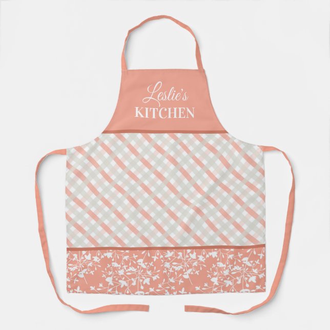 Peach White Grey Floral & Diagonal Plaid Monogram Apron (Front)