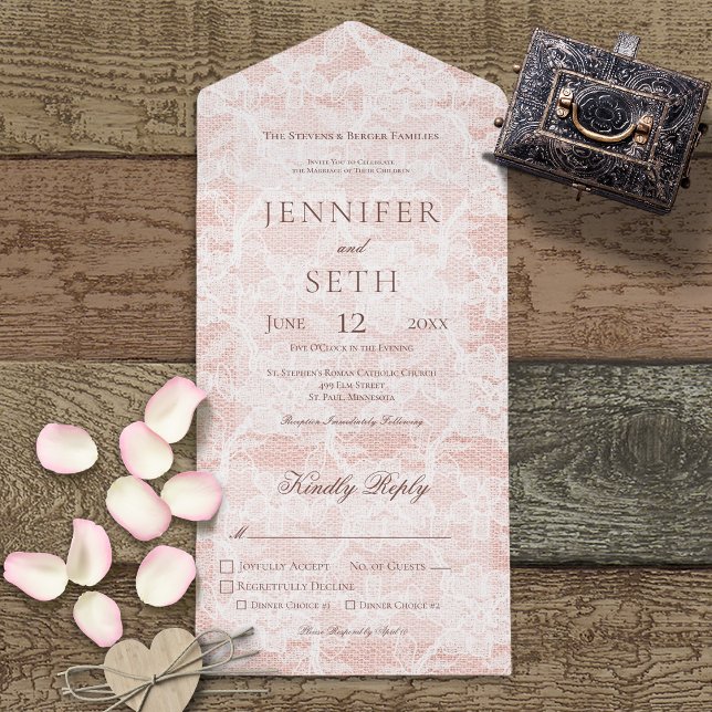 Peach & White Lace Modern Dinner All In One Invitation (Creator Uploaded)