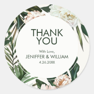 Peach White Peonies & Green Leaves Floral Wedding Classic Round Sticker