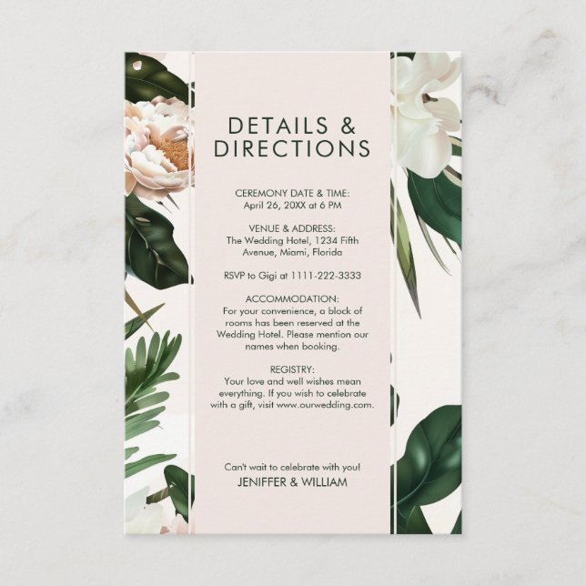 Peach White Peonies & Green Leaves Floral Wedding Enclosure Card (Front)