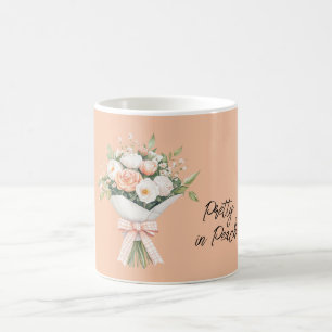 Peach White Roses Floral Bouquet Bow Coffee Mug