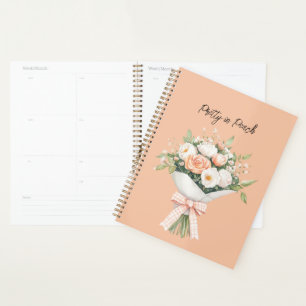 Peach White Roses Floral Bouquet Bow Planner