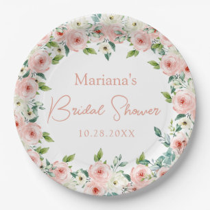 Peach White Watercolor Floral Bridal Shower Paper Plate
