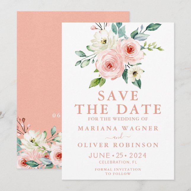 Peach White Watercolor Floral Save the Date Invitation (Front/Back)
