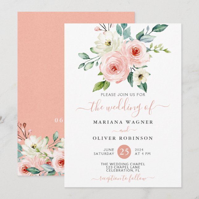 Peach White Watercolor Floral Wedding Invitation (Front/Back)