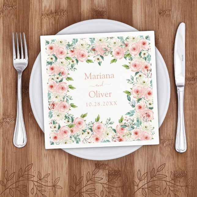 Peach White Watercolor Floral Wedding Napkin (Creator Uploaded)