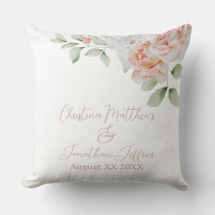 Peach & White Watercolor Flowers Wedding Keepsake Throw Pillow