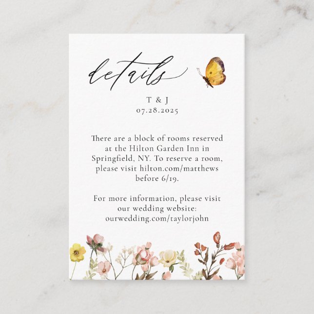 Peach Wildflower Floral Calligraphy Details Enclosure Card (Front)