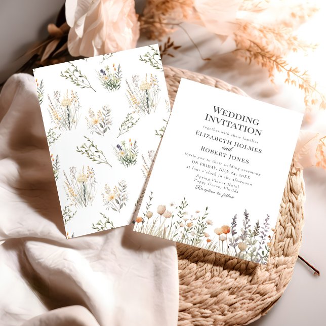 Peach Wildflower Meadow Wedding Invite (Peach Wildflower Meadow Wedding Invite on a table with neutral boho decoration.)