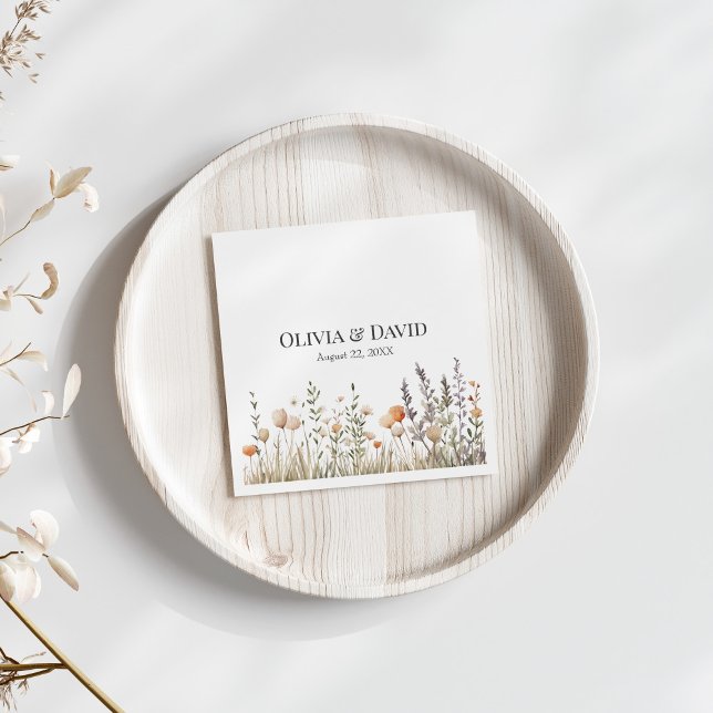 Peach Wildflower Meadow Wedding Napkins (Peach Wildflower Meadow Wedding Napkins on white table with dry flowers.)