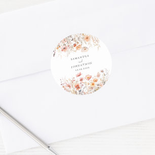 Peach Wildflower Watercolor Wedding  Classic Round Sticker