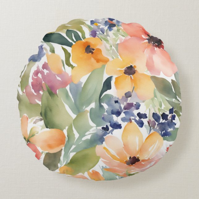 Peach WildFlowers Floral Watercolor  Round Pillow (Front)