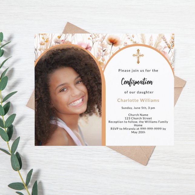 Peach wildflowers photo Confirmation invitation (Creator Uploaded)