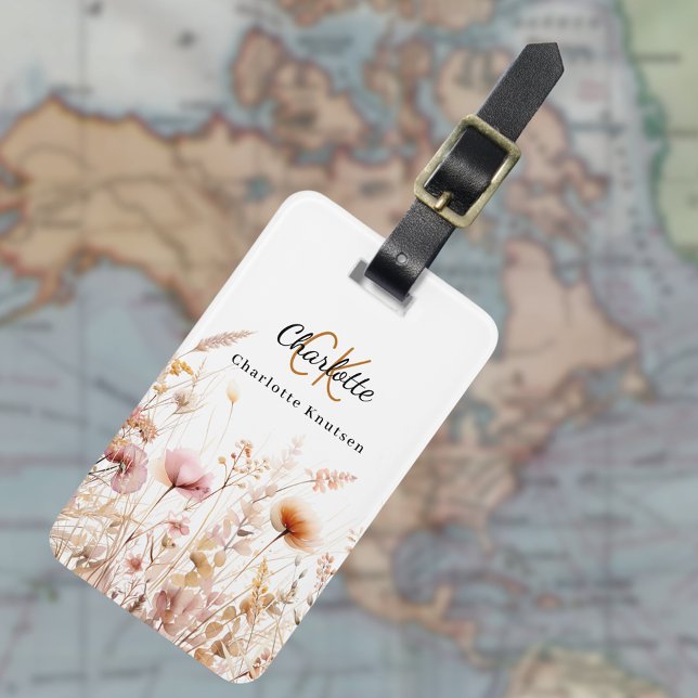 Peach wildflowers pink beige monogram luggage tag (Creator Uploaded)
