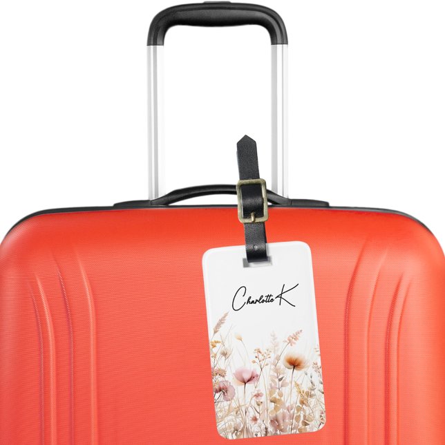 Peach wildflowers pink beige monogram luggage tag (Creator Uploaded)
