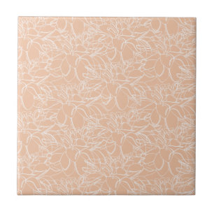 Peach with White Floral Line Art Ceramic Tile
