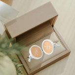 Peach with White Stylized Monogram Cufflinks<br><div class="desc">A pair of sterling silver plated, round cufflinks for the fashionable man that feature a trendy, peach colour to match his outfit along with his name printed in white, upper case letters and superimposed with white, stylized initials. Personalize your cufflinks by editing and replacing name and initials as desired. A...</div>