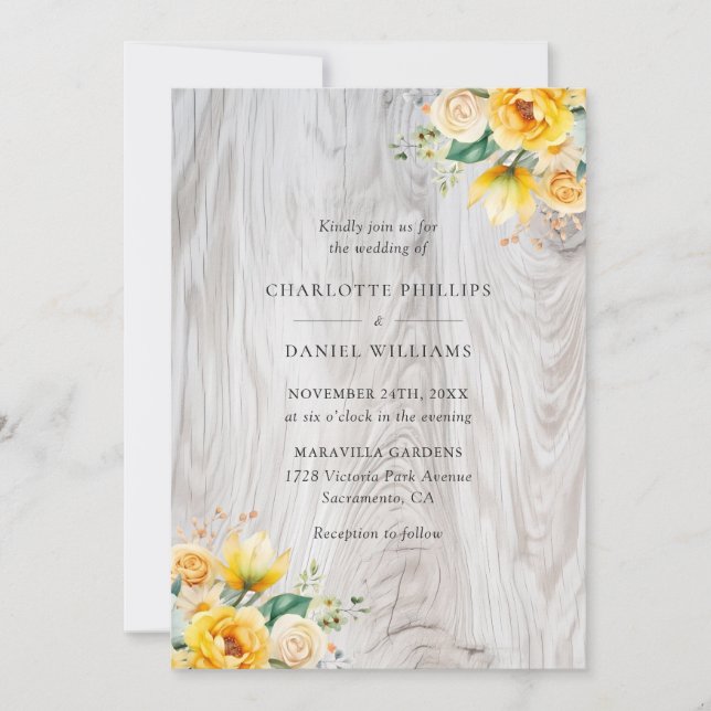 Peach Yellow Light Rustic Wood Floral Wedding Invitation (Front)