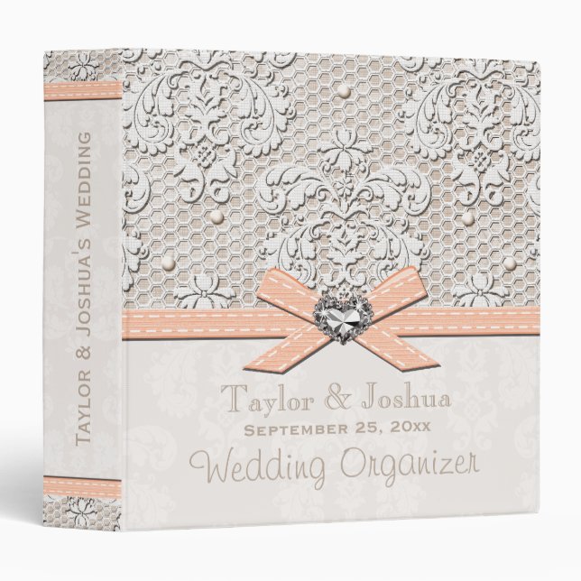Peaches and Cream Antique Lace Wedding Organizer Binder (Front/Spine)