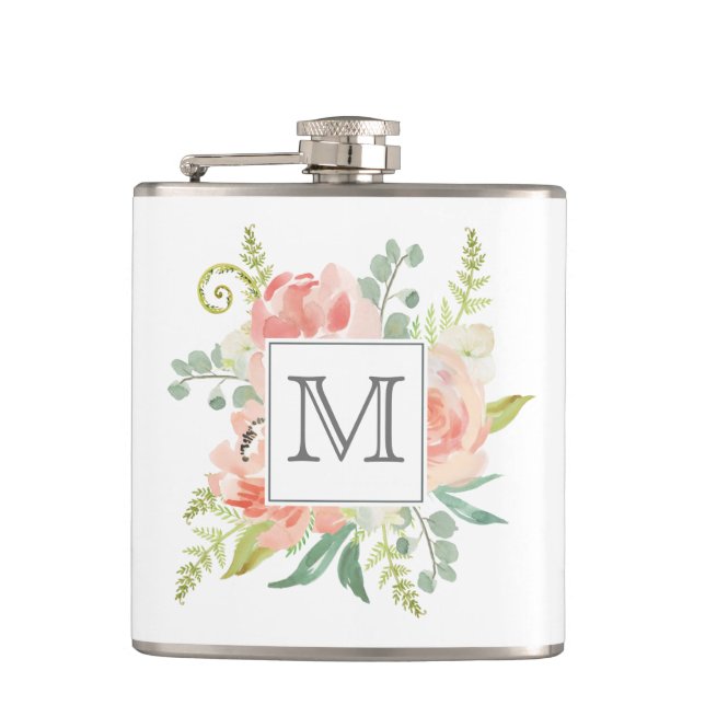 Peaches and Cream Monogrammed Floral Hip Flask (Front)