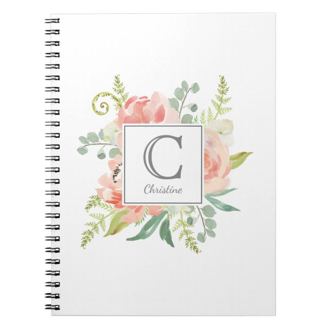 Peaches and Cream Watercolor Floral with Monogram Notebook (Front)