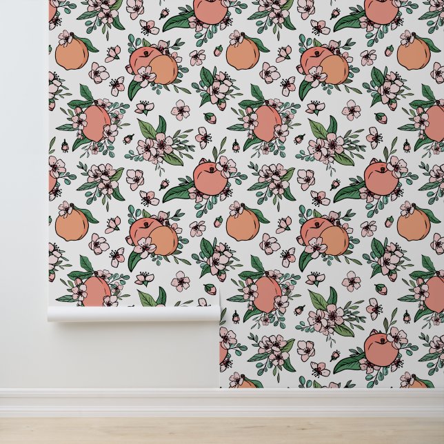 Peaches & Blossom Floral Fruit Pattern Wallpaper (Application)