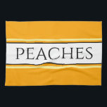 PEACHES Bright Pretty Golden Yellow White Stripes  Kitchen Towel<br><div class="desc">This fun classy design features PEACHES text inside a wide white centre stripe highlighted with black,  yellow,  and orange pinstripes against bright golden yellow outer stripes.  The text can be personalized.</div>