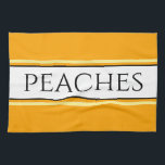 PEACHES Bright Pretty Golden Yellow White Stripes  Kitchen Towel<br><div class="desc">This fun classy design features PEACHES text inside a wide white centre stripe highlighted with black,  yellow,  and orange pinstripes against bright golden yellow outer stripes.  The text can be personalized.</div>