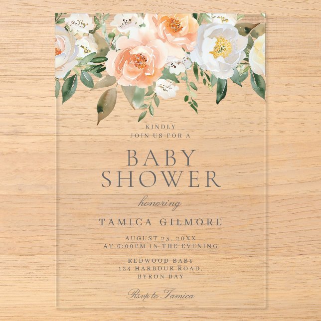 Peaches & Cream Floral Spring Summer Baby Shower Acrylic Invitations (Front)
