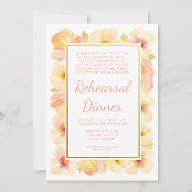 Peaches & Cream Gold Rehearsal Dinner Invite (Front)
