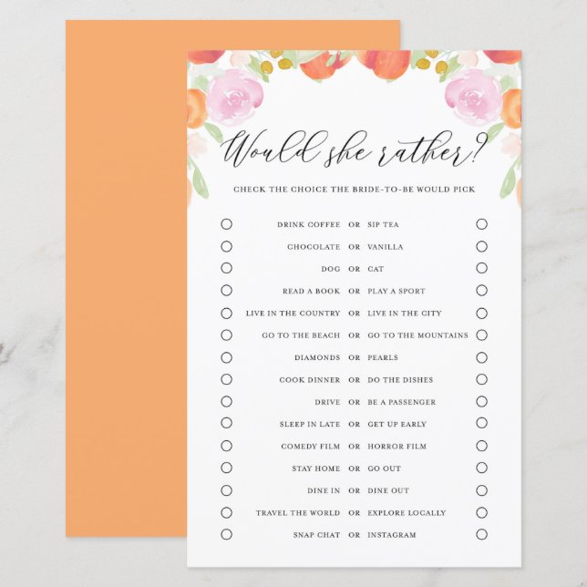 Peaches Floral Would the Bride Rather Shower Game (Front/Back)