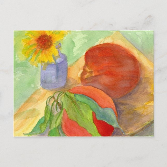 Peaches Fresh Fruit Daisy Flower Watercolor Art Postcard (Front)