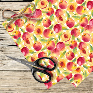 peaches on a yellow gingham background tissue paper
