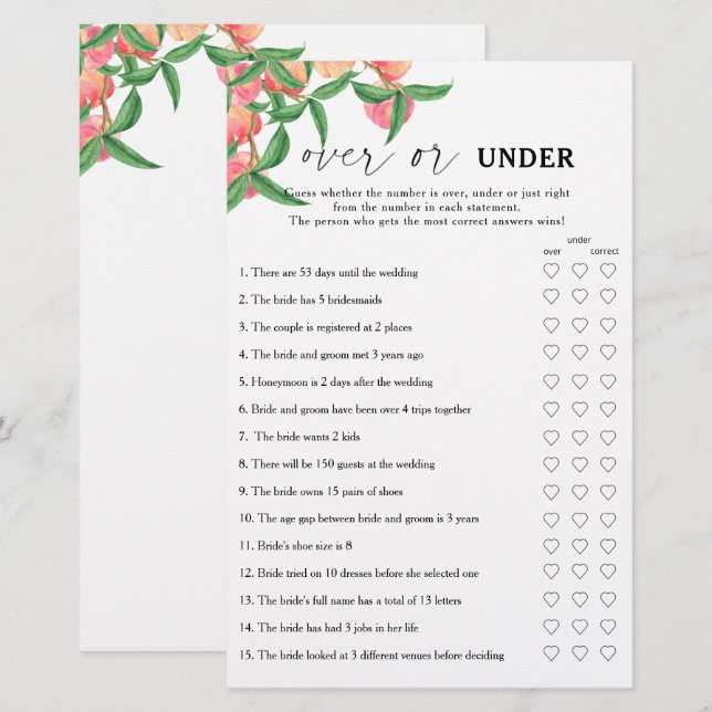 Peaches - Over or under bridal shower game (Front/Back)