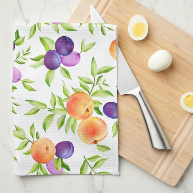 Peaches Plums Purple Cute Fruit Botanical Colourfu Kitchen Towel (Quarter Fold)