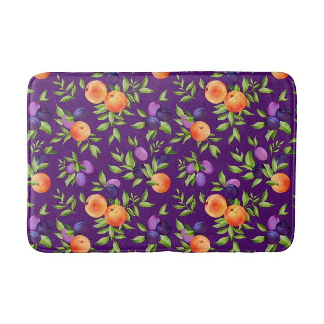 Peaches Plums Purple Cute Fruit Botanical Pattern Bath Mat (Front)