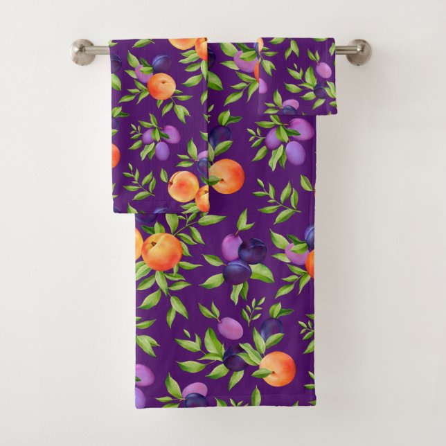 Peaches Plums Purple Cute Fruit Botanical Pattern Bath Towel Set (Insitu)