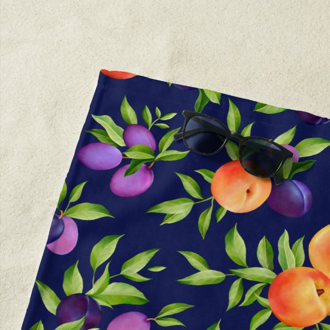 Peaches Plums Purple Cute Fruit Botanical Pattern Beach Towel (In Situ)