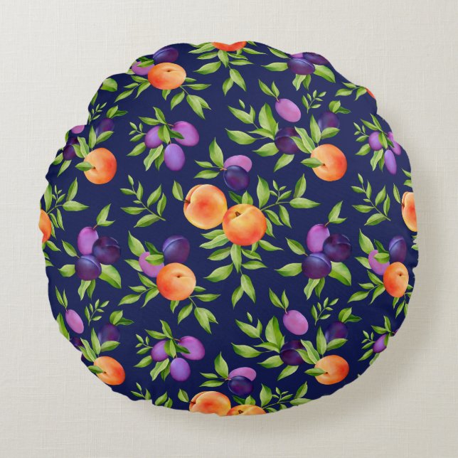 Peaches Plums Purple Cute Fruit Botanical Pattern Round Pillow (Front)