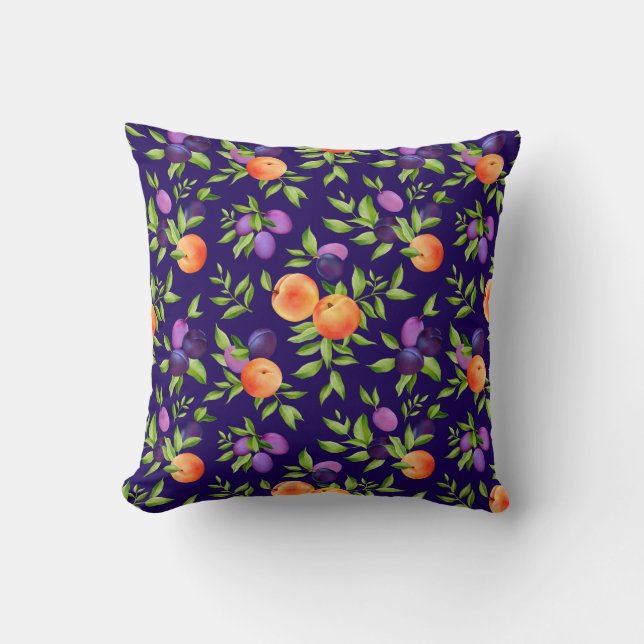 Peaches Plums Purple Cute Fruit Botanical Pattern Throw Pillow (Front)