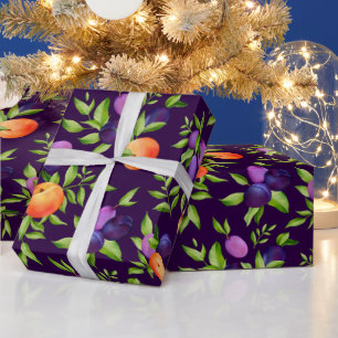 Peaches Plums Purple Cute Fruit Botanical Pattern Wrapping Paper