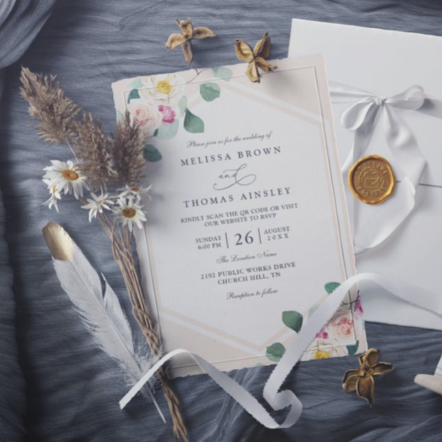 Peaches Rose Botanical Minimalist QR Code Wedding Invitation (Creator Uploaded)