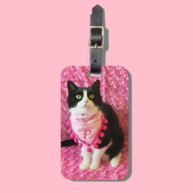Peaches the Tuxedo Cat Pink Bandana Luggage Tag (Creator Uploaded)